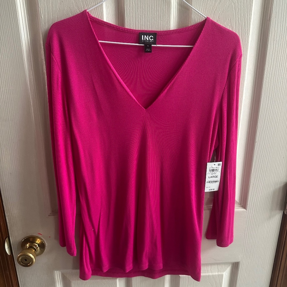 NWT INC large hot pink v-neck lightweight 3/4 sleeve top